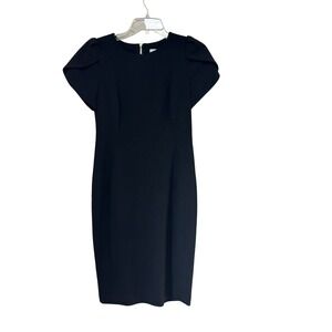 Calvin Klein Black Sheath Dress Puff Sleeve Zipper Back Size 6 LBD Evening